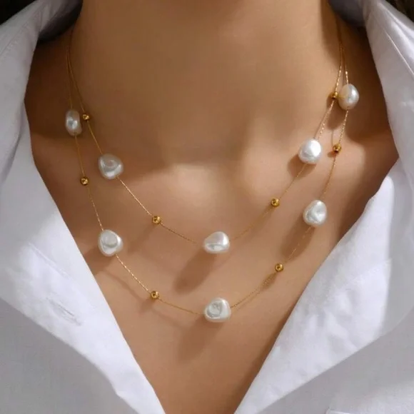 18k Gold Plated Stainless Steel Double Layer Pearl Patchwork Necklace - Picture 2 of 6